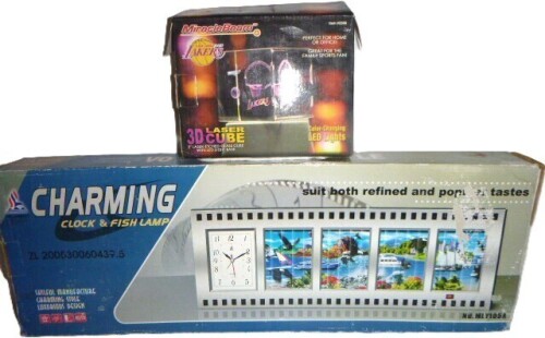 Miracle Beam LA Lakers 3D Laser Cube / Charming Clock and Fish Lamp New In Box Assorted