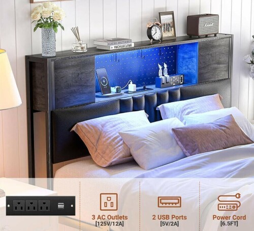 Homieasy Full Size Bed Frame with Drawers Charging Station LED Light, Upholstered Full Bed Frame with Storage Headboard, Heavy Duty Wood Slats, No Box Spring Needed, Noise Free, New In Box $299
