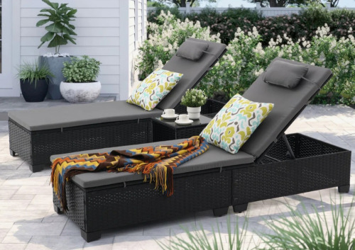 Latitude Run 3 Pcs Patio Chaise Lounge with Coffee Table Cushion&Pillow Outdoor Lounge Chair Chaise Lounger Patio Reclining Chair 5 Angle Adjustment PE Rattan New in Box $799