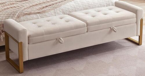 AEMEIOS 67" Storage Bench for Bedroom End of Bed, Velvet King Size Bed Bench with Double Lids and Gold Legs, Storage Ottoman Bench with Arms for Living Room Window and Entryway, Beige New in Box $399