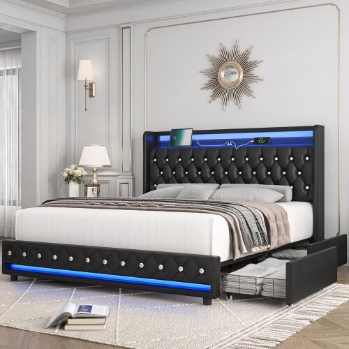 HIFIT King LED Bed Frame with Charging Station and 4 Storage Drawers, PU Upholstered Platform Bed with Handcrafted Crystal Button Wingback Headboard, Metal Frame with No Box Spring Needed, Black New Shelf Pull $799