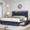 HIFIT King LED Bed Frame with Charging Station and 4 Storage Drawers, PU Upholstered Platform Bed with Handcrafted Crystal Button Wingback Headboard, Metal Frame with No Box Spring Needed, Black New Shelf Pull $799