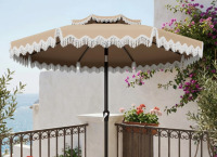 Arlmont & Co. 9 ft. Fringe Patio Umbrella w/Tilt, Crank Handle, UPF 50+ UV Protection, 8 Fiberglass Ribs, Water Repellent Outdoor Umbrella for Deck, Backyard & Poolside, Beige New In Box $399