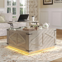 Jocoevol Farmhouse Lift Top Coffee Table, Square Wood Center Table with LED Lighting, USB-C Charging Station, and Hidden Storage Compartment - Rustic Brown Living Room Furniture $299