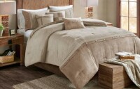 Madison Park 7pc King Powell Faux Suede Comforter Set Tan - Hypoallergenic, Rustic Stripe Design, Includes Decorative Pillows New In Box $299