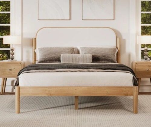Spruce & Spring Luca White Wood Frame Queen Upholstered Platform Bed Mid-Century Modern Queen Bed Frame with Channel Tufting New in Box $799