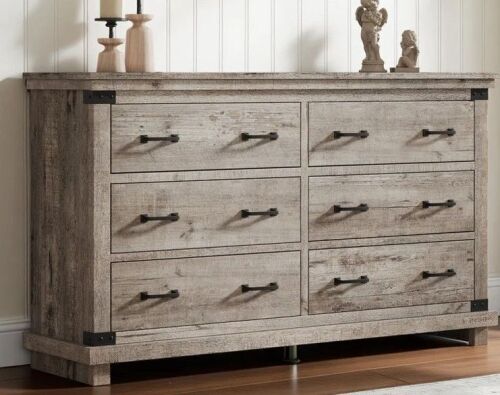 Gracie Oaks Quan 54"W Farmhouse 6-Drawer Wood Double Dresser with Specious Tabletop & Metal Decoration in Box $599