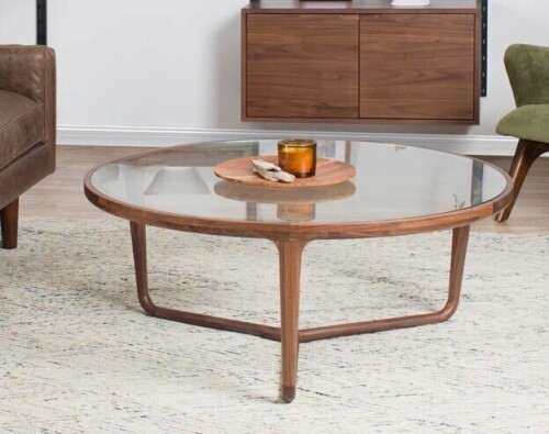 Poly & Bark Ciro Solid Wood Glass-Top Round Coffee Table New in Box $799