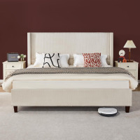 VanAcc Queen Size Platform Bed Frame, 50.8" Corduroy Upholstered Bed with Vertical Channel Tufted Headboard/Wooden Slats/Wingback/No Box Spring Required/Beige in Box $499