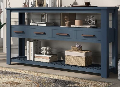 LOVMOR 61.5 Inch Modern Pine Wood Rectangular Navy Blue Console Table 4 Drawers 3 Shelves for Entryway Hallway Living Room Foyer New in Box $899