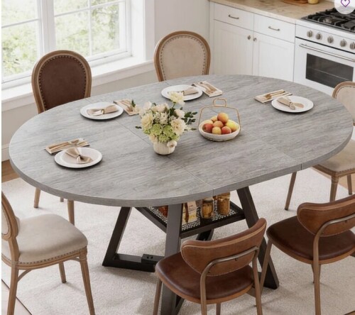 Latitude Run 47"-61" Extendable Dining Table for 4-8, Modern Industrial Round to Oval Kitchen Table with Hidden Storage Shelf, Space-Saving Pedestal Base in Gray Ne win Box $499