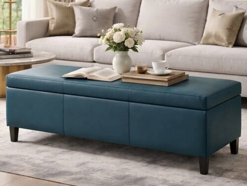 Wade Logan Asdrubale 50.3" Wide Faux Leather Upholstered Storage Bench in Peacock Blue New in Box $399