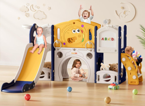 CoziBB 9 in 1 Toddler Slide, Toddler Playset New Upgrade with Slide, Drawing Board, Basketball Hoop, Telescope and Storage Space, Outdoor Indoor Playground for Toddlers (Yellow Blue) New In Box $299
