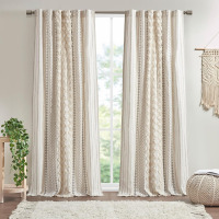 INK+IVY 100% Cotton Boho Window Curtain, Single Panel, 50x95 Ivory | Tufted Chenille Stripe Curtain for Bedroom & Living Room, Light Filtering Privacy Window Treatment, Rod Pocket Top Drape New $79