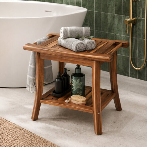 Latitude Run&reg; Shower Bench Seat For Inside Shower - Wooden Shower Bench With Shelf - Bathroom Bench And Teak Shower Stool For Spa And Bath $299