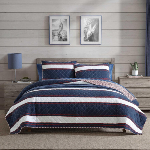 Nautica - Twin 2-Piece Quilt Set, Super Soft Reversible Bedding with Matching Sham, Striped Home Decor (Wesley Navy, Twin) New In Box $99