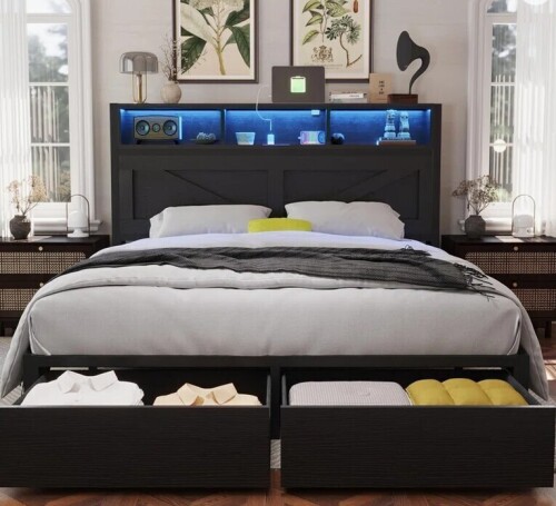 Ivy Bronx Queen Farmhouse Bed Frame with LED Charged Bookcase Headboard and Storage Drawers, No Box Spring Needed New in Box $599