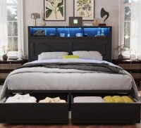 Ivy Bronx Farmhouse Bed Frame with LED Charged Bookcase Headboard and Storage Drawers, No Box Spring Needed New in Box $599