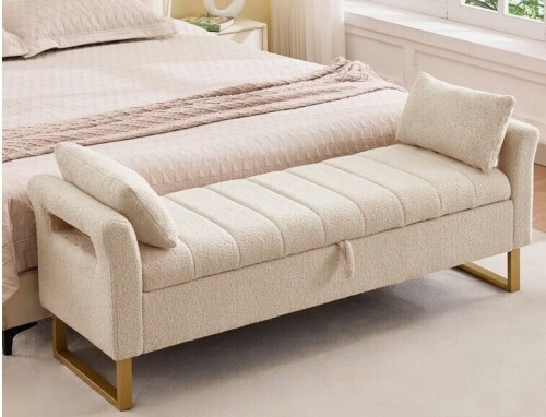 Mercer41 66"W Upholstered Teddy Bedroom Storage Bench End of Bed King Size with Gold Legs, Curverd Armrest and 2 Pillows New in Box $499