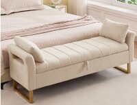 Mercer41 66"W Upholstered Teddy Bedroom Storage Bench End of Bed King Size with Gold Legs,Curverd Armrest and 2 Pillows New in Box $499