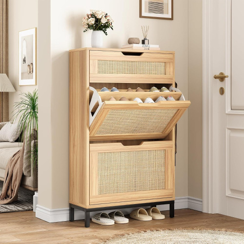 Jocoevol Rattan Shoe Cabinet Storage for Entryway, Narrow Wood Shoe Cabinet with 2 Flip Drawers & 1 Top Drawer, Freestanding Hidden Shoe Organizer with Metal Legs, Oak New In Box $299
