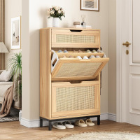 Jocoevol Rattan Shoe Cabinet Storage for Entryway, Narrow Wood Shoe Cabinet with 2 Flip Drawers & 1 Top Drawer, Freestanding Hidden Shoe Organizer with Metal Legs, Oak New In Box $299