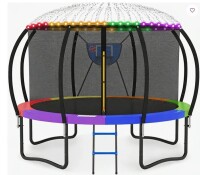 GVDV 12Ft Round Backyard Trampoline With Safety Enclosure, The Gift Is Basketball Hoop, Sprinkler, Lights New in Box $499