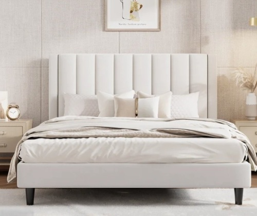 Mercer41 Stauton Full Size Upholstered Platform Bed with Velvet and Striped Headboard in White New Open Box $499