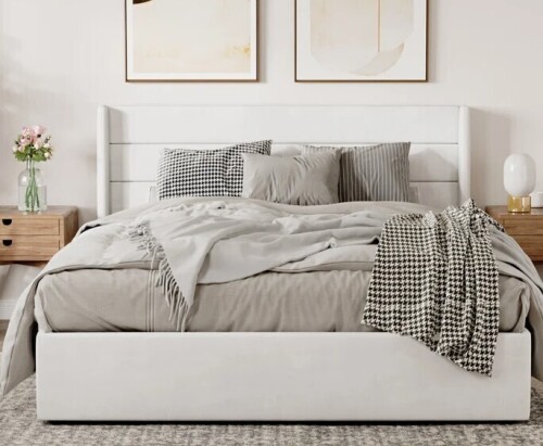 Latitude Run Braya Full Size Hydraulic Lift Up Storage Upholstered Platform Bed in White New in Box $799