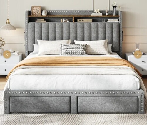 Snhomee Full Size Upholstered Bed Frame with Storage Headboard & 2 Drawers, 700 lbs Capacity, No Box Spring Needed, Noise-Free Padded Platform Bed - Grey New In Box $499