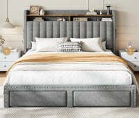 Snhomee Full Size Upholstered Bed Frame with Storage Headboard & 2 Drawers, 700 lbs Capacity, No Box Spring Needed, Noise-Free Padded Platform Bed - Grey New In Box $499