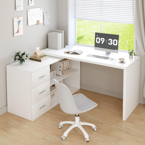HSH White L Shaped Computer Corner Desk with 3 Storage Drawers 55 inch | Reversible Home Office Corner Desk with 2 Open Side Shelves Modern Wood Executive L Desks for Bedroom, Study Workstation New Open Box $399