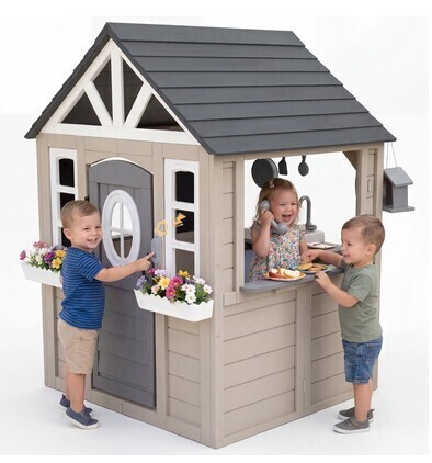 AiKidKit Kids Outdoor Playhouse, Wooden Playhouse with Play Kitchen, Working Doorbell, Backyard Country Style, Gray & Beige, New in Box $499
