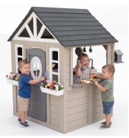 AiKidKit Kids Outdoor Playhouse, Wooden Playhouse with Play Kitchen, Working Doorbell, Backyard Country Style, Gray & Beige, New in Box $499