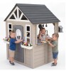 AiKidKit Kids Outdoor Playhouse, Wooden Playhouse with Play Kitchen, Working Doorbell, Backyard Country Style, Gray & Beige, New in Box $499
