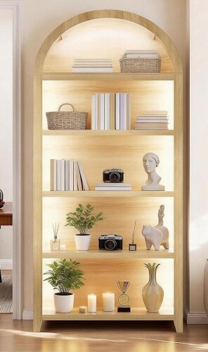 HWB 68.9" Arched Display Bookshelf Cabinet - 5-Tier Open Storage Shelf (Wood) New In Box $399