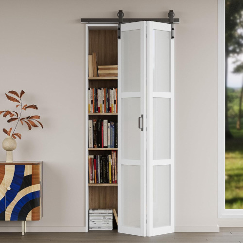 WIN STELLAR 36" x 84" Paintable Bifold Barn Door with 3 Lite Frosted Tempered Glass | Pre-Assembled Solid Core Panels Bi Fold Barn Door with Effective Sound Insulation, White Primed Finish, Hardware Kit Included New in Box $399