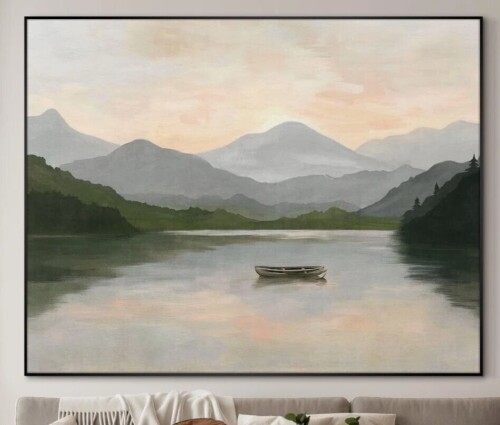 SIGNLEADER Frame Assembly Required, Serene Mountain Lake Scene at Sunset Landscape Home Decor Extra Large Wall Art Print (Frame Assembly Required), 46" H x 60" W New In Box $299
