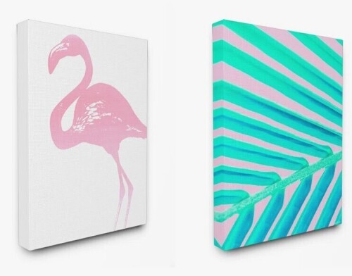 Ivy Bronx Neon Flamingo Palm Leaf Print 2 pc Canvas Wall Art by House of Lulu, 16" x 20" New $199