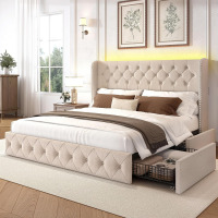 LARMACE King Size Bed Frame with LED Lights and 4 Storage Drawers Linen Upholstered Platform Bed Frame with 47.2" Tall Tufted Headboard Wingback, No Box Spring Needed, Easy to Assemble, Beige New in Box $699
