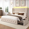 LARMACE Queen Size Bed Frame with LED Lights and 4 Storage Drawers Linen Upholstered Platform Bed Frame with 47.2" Tall Tufted Headboard Wingback, No Box Spring Needed, Easy to Assemble, Beige New Shelf Pull $699