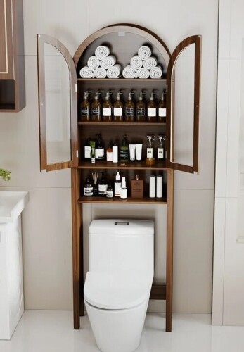 George Oliver Arched Over The Toilet Storage Cabinet With 2 Acrylic Doors, 4 Tier Slim Narrow Arch Toilet Rack With Adjustable Shelf in Walnut $299