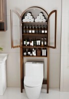 George Oliver Arched Over The Toilet Storage Cabinet With 2 Acrylic Doors, 4 Tier Slim Narrow Arch Toilet Rack With Adjustable Shelf in Walnut New in Box $299