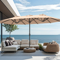 Arlmont & Co. Belmira 15' Rectangular Patio Market Umbrella with Stand Base, Beige, New in Box $499