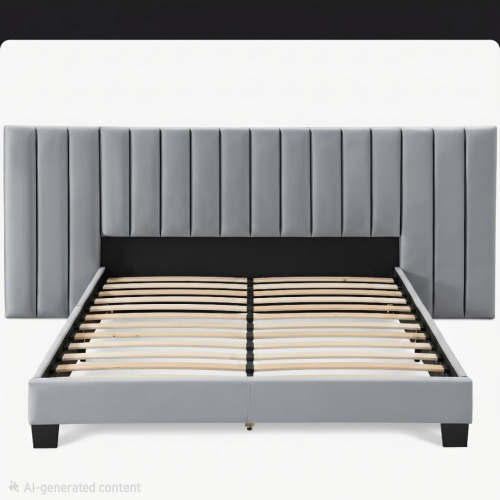Finch James Gramercy Modern Upholstered Platform Bed with Channel Tufted Extended Headboard, Queen Size, Grey Velvet, New in Box $599