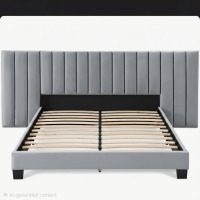 Finch James Gramercy Modern Upholstered Platform Bed with Channel Tufted Extended Headboard, Queen Size, Grey Velvet, New in Box $599