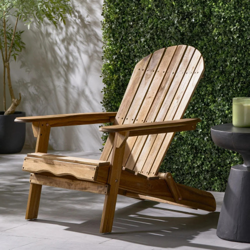 English Elm Christopher Knight Home Folding Adirondack Chair Acacia Wood Outdoor Lounge Seat With Slatted Back, Wide Arms, Durable Comfort - Teak, New in Box $29o