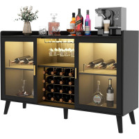 Wrought Studio Ermo Wine Bar Cabinet with Led Light, Home Coffee Cabinet with Wine and Glass Rack, Black, New in Box $399