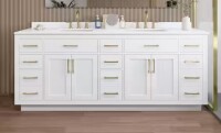 Wyndham Collection Beckett TK 84 in. W x 22 in. D x 35 in. H Double Sink Bath Vanity in White with Brushed Gold Trim White Quartz Top New In Box 2 Boxes $2999