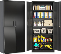 BESFUR Metal Storage Cabinet, 71" H Locking Storage Cabinet with 5 Adjustable Shelves, Metal Cabinets for Garage, Office, Home, Classroom- Black New Shelf Pull $399